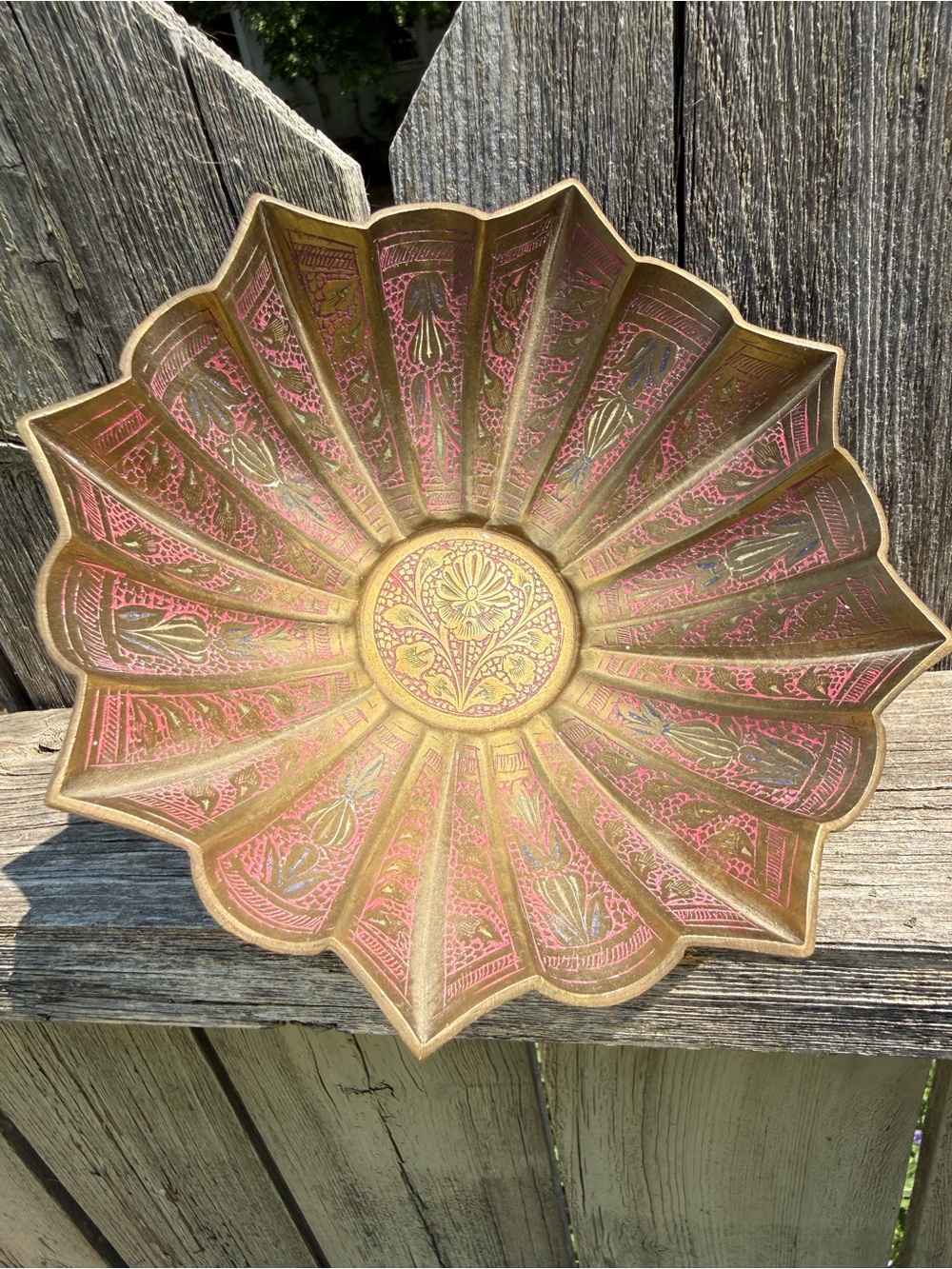 Vintage Indian Etched Brass Pedestal Bowl Pink Enamel Scalloped Floral 6" x 3"
